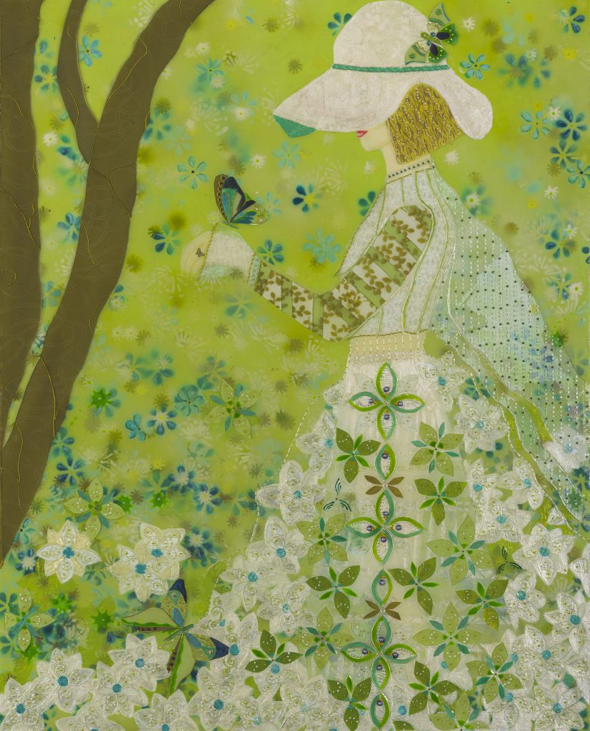 tableau 100cm sur 80cm Incrustation de verre pour créer la robe de fleurs.